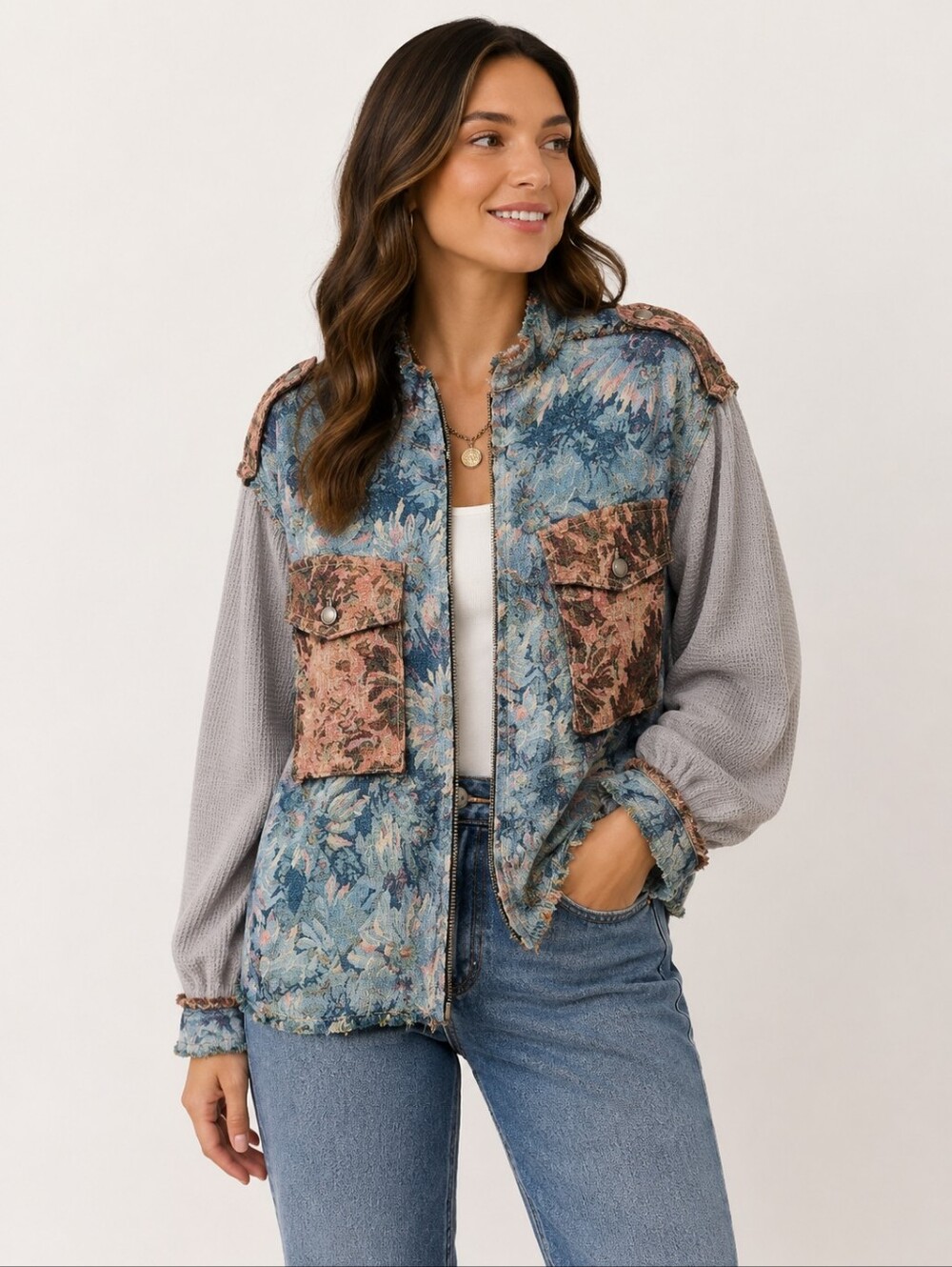 POL Blue Multi Floral Tapestry Jacquard Shacket Corduroy Sleeve Zip Jacket NEW
